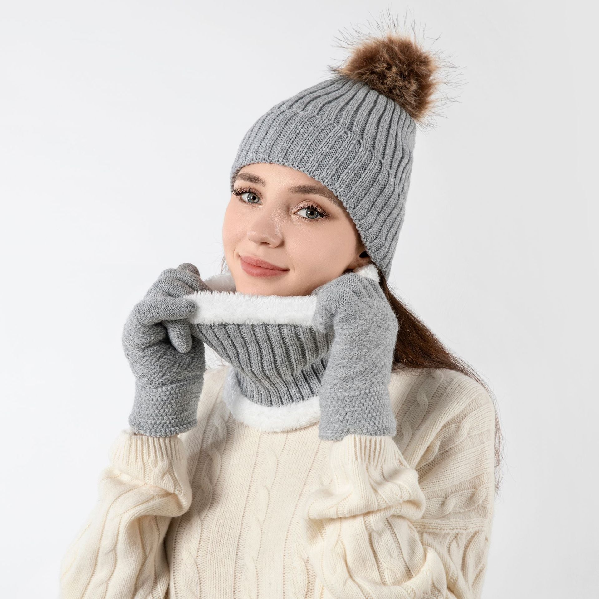 Wholesale Knitted Wool Warm Plus Velvet Thick Winter Scarf Gloves Hat Neck Three-piece Set